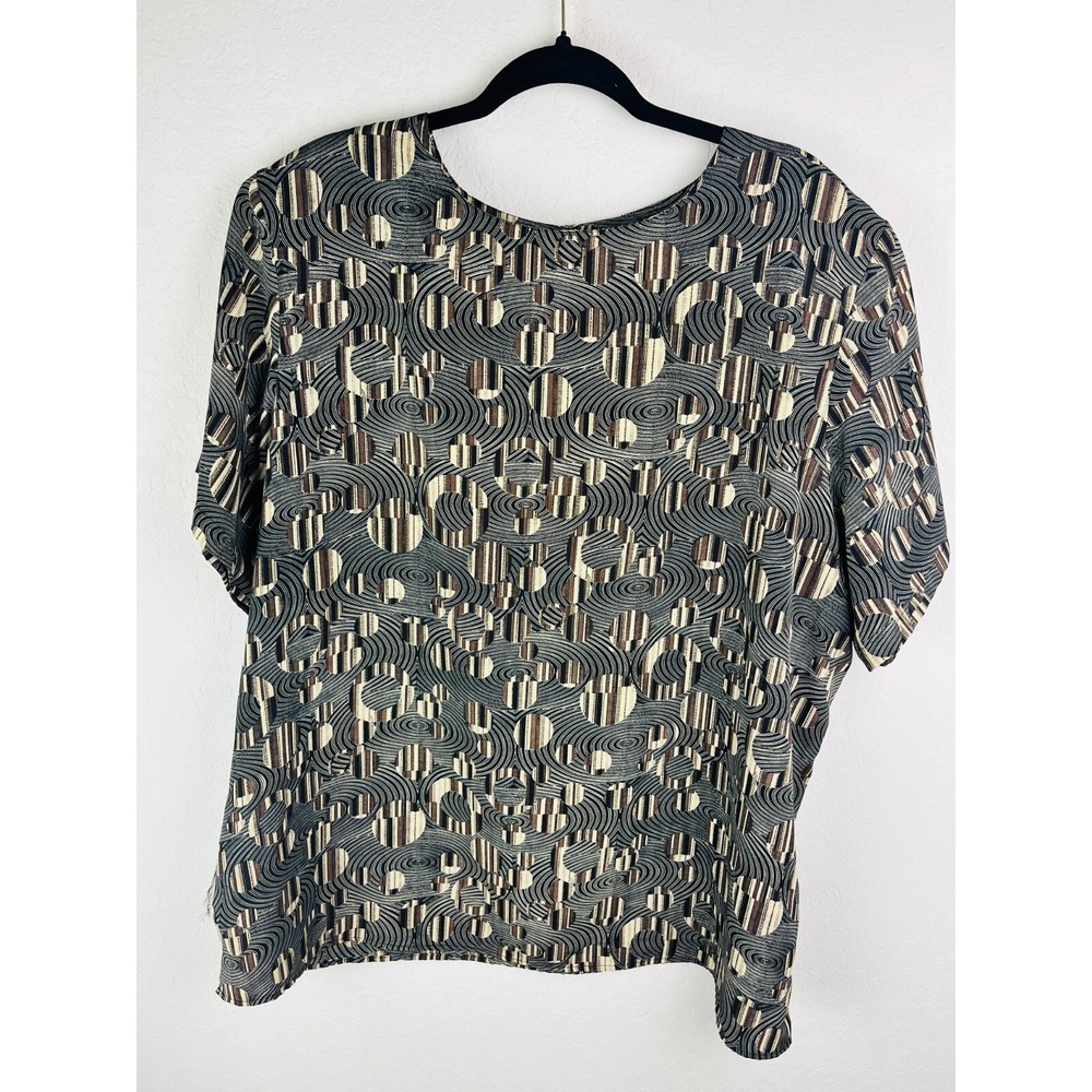 Vintage‎ Truffles Abstract Print Blouse Black Brown Beige Geometric Short Sleeve